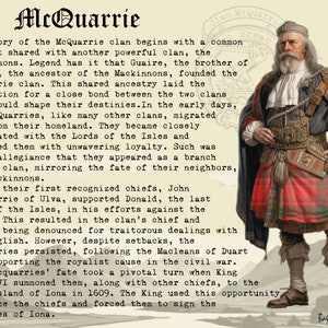 May include: A black and white illustration of a man wearing a kilt and a hat. The text "McQuarrie" is at the top of the image. The text "Clan McQuarrie Breac" is at the top right of the image. The text "Bagtoun Clans" is at the bottom right of the image.