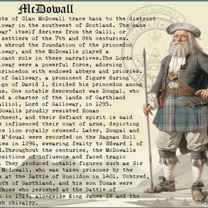 May include: A black and white illustration of a man wearing a kilt and holding a spear. The text "Clan McDowall" is visible in the upper right corner of the image. The text "McDowall" is visible in a larger font at the top of the image.