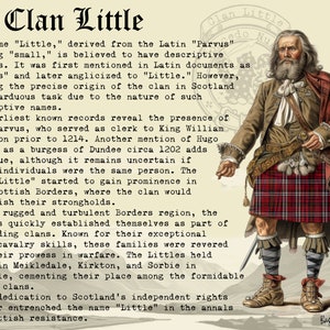 Peut inclure: Portrait d'un homme portant un kilt &eacute;cossais traditionnel &agrave; carreaux rouges et verts. Il a une longue barbe blanche et tient une &eacute;p&eacute;e. Le texte "Clan Little" est &eacute;crit en haut de l'image.
