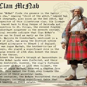 Peut inclure: Une illustration vintage d'un homme portant un kilt rouge et un chapeau blanc. Le texte "Clan McNab Omnis" est en haut de l'image. Le texte sous l'image d&eacute;crit l'histoire du Clan McNab.
