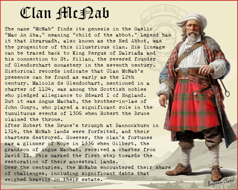 Peut inclure: Une illustration vintage d'un homme portant un kilt rouge et un chapeau blanc. Le texte "Clan McNab Omnis" est en haut de l'image. Le texte sous l'image d&eacute;crit l'histoire du Clan McNab.