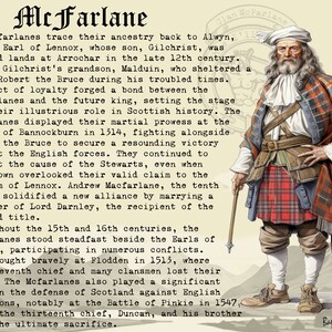 K&ouml;nnte beinhalten: Eine Vintage-Illustration eines Mannes, der einen rot-gr&uuml;nen Tartan-Kilt, ein wei&szlig;es Hemd und einen wei&szlig;en Hut tr&auml;gt. Er h&auml;lt einen Spazierstock und hat einen langen wei&szlig;en Bart. Der Text "Clan McFarlane" befindet sich oben im Bild und "Bastoun Clans" unten im Bild.