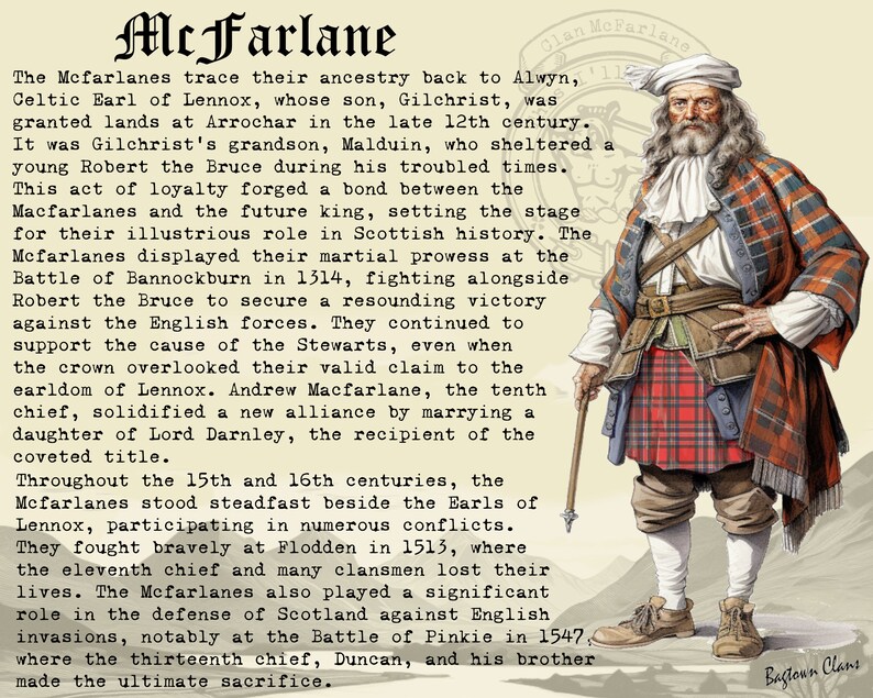 K&ouml;nnte beinhalten: Eine Vintage-Illustration eines Mannes, der einen rot-gr&uuml;nen Tartan-Kilt, ein wei&szlig;es Hemd und einen wei&szlig;en Hut tr&auml;gt. Er h&auml;lt einen Spazierstock und hat einen langen wei&szlig;en Bart. Der Text "Clan McFarlane" befindet sich oben im Bild und "Bastoun Clans" unten im Bild.