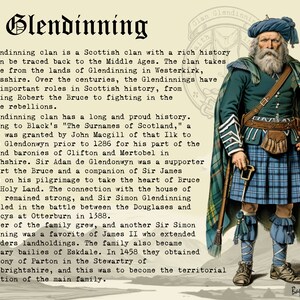 K&ouml;nnte beinhalten: Illustration eines Mannes in traditioneller schottischer Tracht, einschlie&szlig;lich Kilt, Jacke und M&uuml;tze. Das Bild zeigt den Namen "Glendinning" oben, mit Text, der die Geschichte des Clans detailliert. Der Mann h&auml;lt einen Gehstock.
