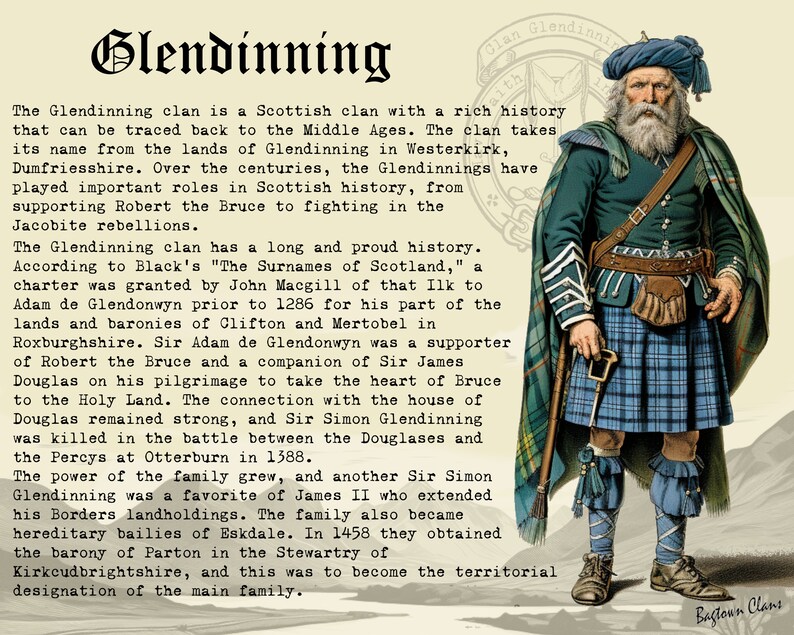 K&ouml;nnte beinhalten: Illustration eines Mannes in traditioneller schottischer Tracht, einschlie&szlig;lich Kilt, Jacke und M&uuml;tze. Das Bild zeigt den Namen "Glendinning" oben, mit Text, der die Geschichte des Clans detailliert. Der Mann h&auml;lt einen Gehstock.
