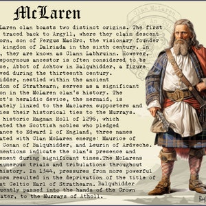 May include: A vintage illustration of a man in a red and blue tartan kilt, holding a sword. The text "McLaren" is at the top of the image, and the text "Clan McLaren" is at the bottom of the image.