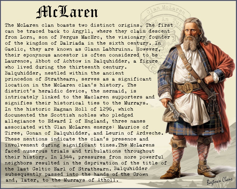May include: A vintage illustration of a man in a red and blue tartan kilt, holding a sword. The text "McLaren" is at the top of the image, and the text "Clan McLaren" is at the bottom of the image.