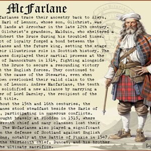 K&ouml;nnte beinhalten: Ein Gem&auml;lde eines schottischen Highlanders, der einen rot-gr&uuml;nen Kilt, ein wei&szlig;es Hemd und einen wei&szlig;en Hut tr&auml;gt. Er h&auml;lt einen Spazierstock und hat einen langen wei&szlig;en Bart. Das Gem&auml;lde ist von Text &uuml;ber die Geschichte des Clans McFarlane umgeben.