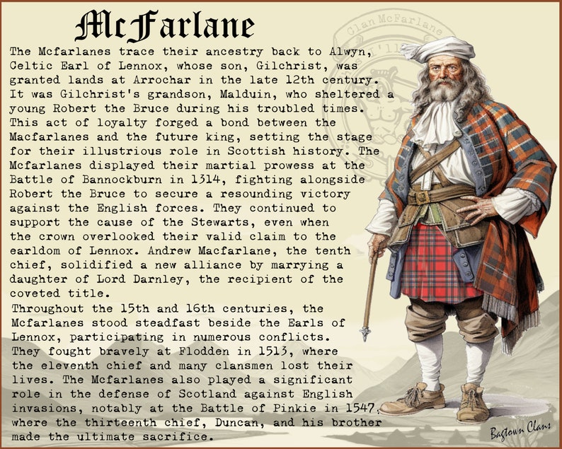 K&ouml;nnte beinhalten: Ein Gem&auml;lde eines schottischen Highlanders, der einen rot-gr&uuml;nen Kilt, ein wei&szlig;es Hemd und einen wei&szlig;en Hut tr&auml;gt. Er h&auml;lt einen Spazierstock und hat einen langen wei&szlig;en Bart. Das Gem&auml;lde ist von Text &uuml;ber die Geschichte des Clans McFarlane umgeben.
