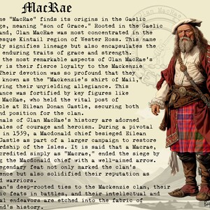 May include: An illustration of a man in traditional Scottish attire, including a red and green plaid kilt, a white shirt, and a red jacket. The image includes text about the MacRae clan's history and origins.