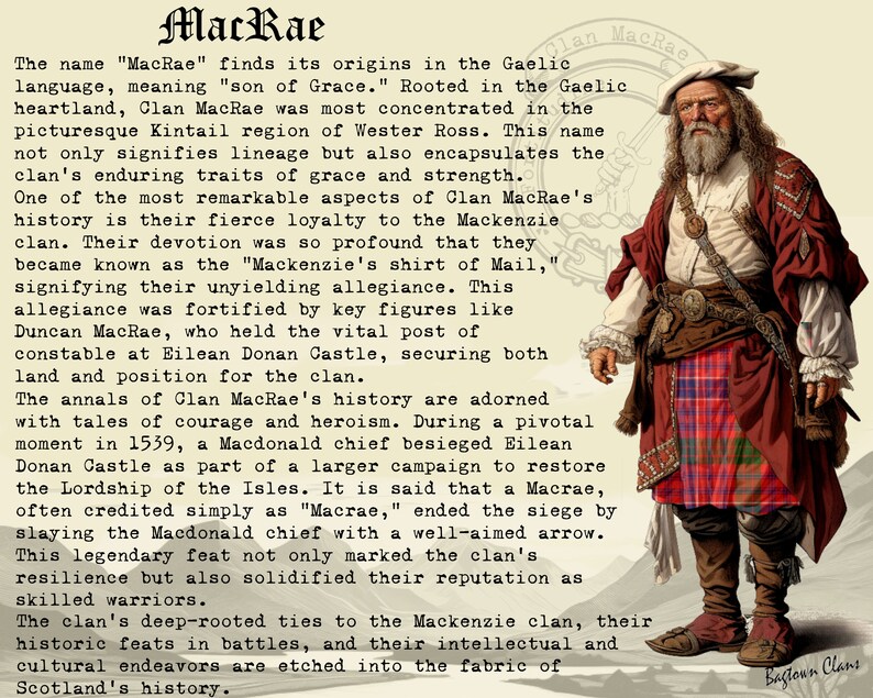 May include: An illustration of a man in traditional Scottish attire, including a red and green plaid kilt, a white shirt, and a red jacket. The image includes text about the MacRae clan's history and origins.