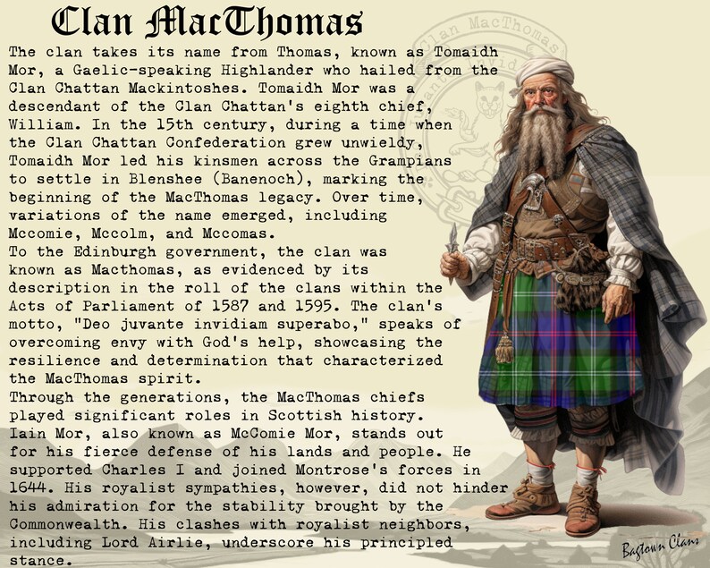 Puede incluir: Una pintura de un Highlander escoc&eacute;s con kilt y sosteniendo una daga. La pintura est&aacute; ambientada en un paisaje escoc&eacute;s. El texto "Clan MacThomas" est&aacute; en la parte superior de la pintura.