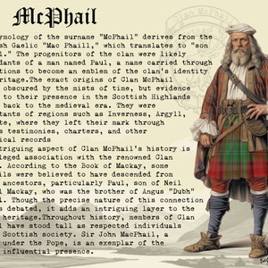 Puede incluir: Una imagen en blanco y negro de un hombre con un kilt escoc&eacute;s tradicional. El texto "McPhail" est&aacute; en la parte superior de la imagen. El texto "Clan McPhail" est&aacute; en la esquina superior derecha de la imagen. El texto "Bagtown Clans" est&aacute; en la esquina inferior derecha de la imagen. El texto describe la historia del clan McPhail.