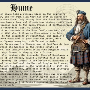 May include: A vintage illustration of a man in a blue kilt and a blue hat. The man has a long white beard and is holding his hands in front of him. The image is set against a background of a beige and brown patterned design. The text "Clan Hume Home" is visible in the upper right corner of the image. The text "Hume" is visible in the upper left corner of the image. The text below the image describes the history of the Hume clan in Scotland.