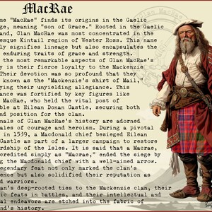 May include: An illustration of a man in traditional Scottish attire, including a red jacket, kilt, and boots. The image includes text about Clan MacRae's history, lineage, and notable events, such as the siege of Eilean Donan Castle.