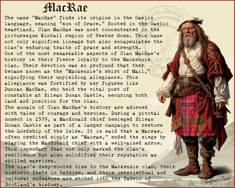 May include: An illustration of a man in traditional Scottish attire, including a red jacket, kilt, and boots. The image includes text about Clan MacRae's history, lineage, and notable events, such as the siege of Eilean Donan Castle.