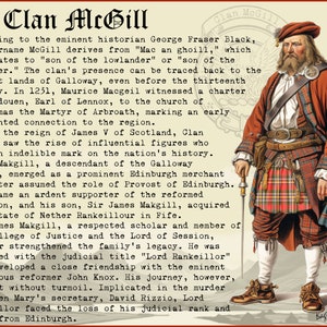 May include: An illustration of a man in a red and black plaid kilt, holding a staff. The text "Clan McGill" is at the top of the image. The text describes the history of the McGill clan in Scotland.