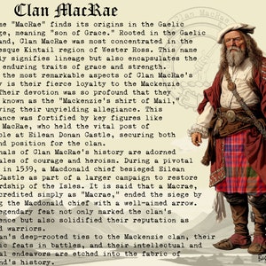 May include: An illustrated depiction of a man in traditional Scottish attire, including a red and brown jacket, a plaid kilt, and a white hat. The image is accompanied by text detailing the history of Clan MacRae.