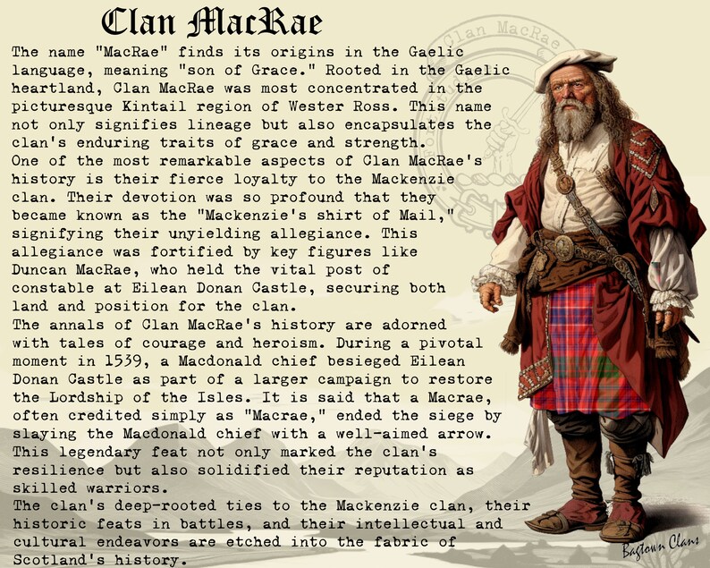 May include: An illustrated depiction of a man in traditional Scottish attire, including a red and brown jacket, a plaid kilt, and a white hat. The image is accompanied by text detailing the history of Clan MacRae.