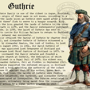 K&ouml;nnte beinhalten: Eine Vintage-Illustration eines Mannes in einem traditionellen schottischen Kilt mit einem Schwert und einer Dudelsackpfeife. Der Text "Clan Guthrie Pro Veri" ist in der oberen rechten Ecke des Bildes sichtbar. Der Text "Bastoun Clans" ist in der unteren rechten Ecke des Bildes sichtbar. Der Text "Guthrie" ist in gro&szlig;er Schrift oben im Bild sichtbar.