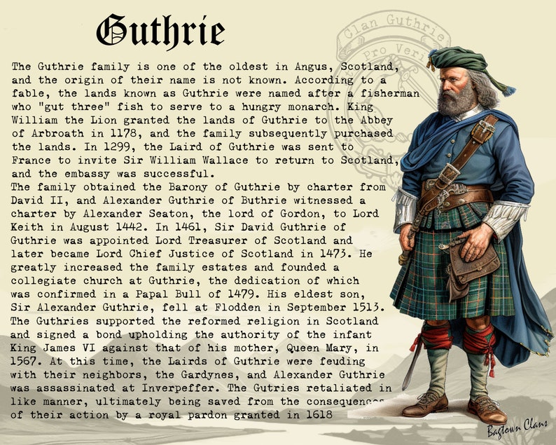 K&ouml;nnte beinhalten: Eine Vintage-Illustration eines Mannes in einem traditionellen schottischen Kilt mit einem Schwert und einer Dudelsackpfeife. Der Text "Clan Guthrie Pro Veri" ist in der oberen rechten Ecke des Bildes sichtbar. Der Text "Bastoun Clans" ist in der unteren rechten Ecke des Bildes sichtbar. Der Text "Guthrie" ist in gro&szlig;er Schrift oben im Bild sichtbar.