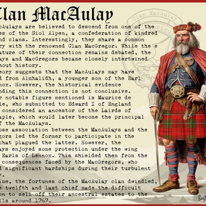 May include: An illustration of a man wearing a red and green kilt, a red jacket, and a white hat. The text "Clan MacAulay" is at the top of the image. The text "Bagtoun Clans" is at the bottom of the image.