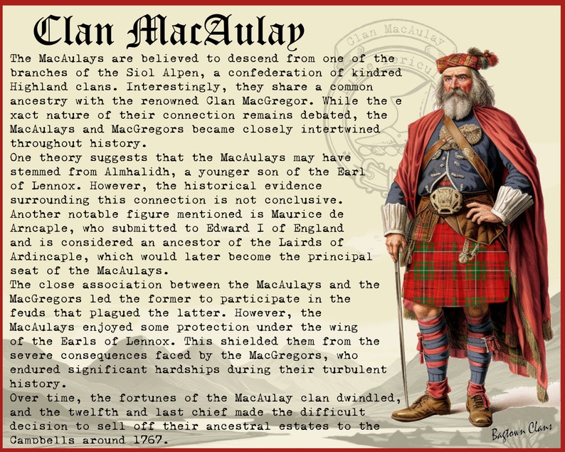 May include: An illustration of a man wearing a red and green kilt, a red jacket, and a white hat. The text "Clan MacAulay" is at the top of the image. The text "Bagtoun Clans" is at the bottom of the image.