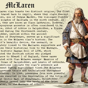 May include: A colorful illustration depicting the history of the McLaren clan. The image features a man in traditional Scottish attire, standing against a background of text describing the clan's origins and history. The text mentions the clan's connection to the Murrays and their involvement in significant historical events.