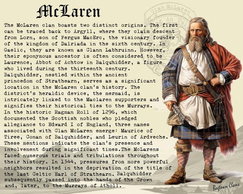 May include: A colorful illustration depicting the history of the McLaren clan. The image features a man in traditional Scottish attire, standing against a background of text describing the clan's origins and history. The text mentions the clan's connection to the Murrays and their involvement in significant historical events.