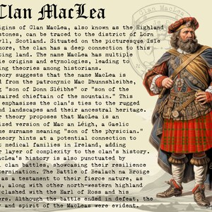 Pode incluir: Uma ilustra&ccedil;&atilde;o vintage de um Highlander escoc&ecirc;s vestindo um kilt e segurando uma espada. O texto "Clan MacLea" est&aacute; escrito em uma fonte grande e em negrito no topo da imagem. O texto descreve a hist&oacute;ria do cl&atilde;, incluindo suas origens, batalhas e legado.
