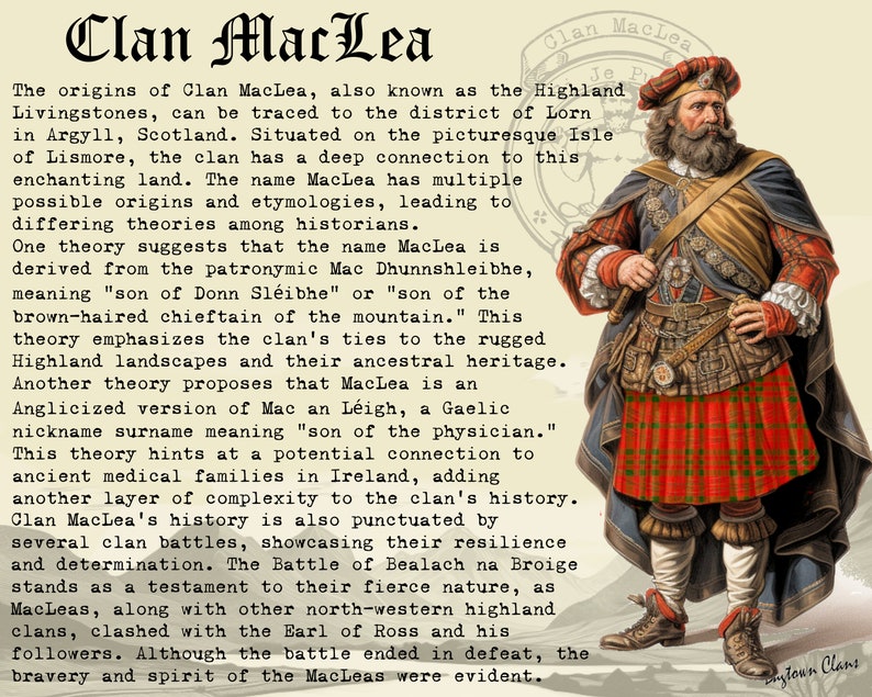 Pode incluir: Uma ilustra&ccedil;&atilde;o vintage de um Highlander escoc&ecirc;s vestindo um kilt e segurando uma espada. O texto "Clan MacLea" est&aacute; escrito em uma fonte grande e em negrito no topo da imagem. O texto descreve a hist&oacute;ria do cl&atilde;, incluindo suas origens, batalhas e legado.