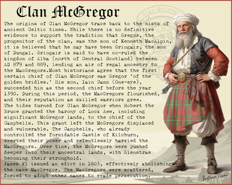 May include: An illustrated history of Clan McGregor. The image shows a man in traditional Scottish dress, including a kilt in a red and green plaid. Text provides details on the clan's origins, history, and key figures.
