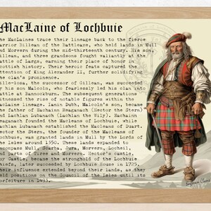 Può includere: Un'illustrazione vintage di un guerriero scozzese con un kilt rosso e nero, che tiene una spada. Il testo recita "MacLaine of Lochbuie" e descrive la storia del clan MacLaine.