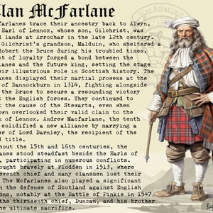 K&ouml;nnte beinhalten: Eine historische Illustration eines schottischen Clans, der McFarlanes, mit einer Beschreibung ihrer Geschichte und Abstammung. Die Illustration zeigt einen Mann in traditioneller schottischer Kleidung, einschlie&szlig;lich eines Kilts, der vor einem Textfeld steht.