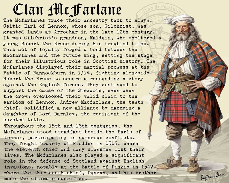 K&ouml;nnte beinhalten: Eine historische Illustration eines schottischen Clans, der McFarlanes, mit einer Beschreibung ihrer Geschichte und Abstammung. Die Illustration zeigt einen Mann in traditioneller schottischer Kleidung, einschlie&szlig;lich eines Kilts, der vor einem Textfeld steht.