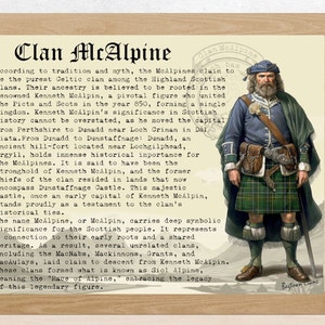 Peut inclure: Une illustration de style vintage d'un chef de clan écossais portant un kilt et un bonnet à plumes. Le texte décrit l'histoire du clan McAlpine, un clan écossais dont les racines remontent au IXe siècle. L'illustration est sur fond de chaîne de montagnes.