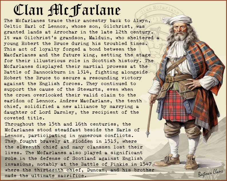 K&ouml;nnte beinhalten: Eine historische Illustration eines Mannes, der einen rot-gr&uuml;nen Tartan-Kilt, ein wei&szlig;es Hemd und einen wei&szlig;en Hut tr&auml;gt. Er h&auml;lt einen Spazierstock und hat einen langen wei&szlig;en Bart. Der Text "Clan McFarlane" befindet sich oben im Bild und der Text "Bagtown Clans" unten im Bild.