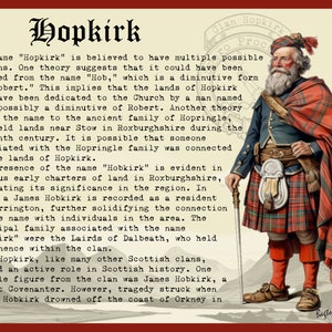 Peut inclure: Une illustration vintage d'un homme portant un kilt &eacute;cossais rouge et vert, une chemise blanche et une veste rouge. Il tient un b&acirc;ton dans sa main droite. L'illustration est intitul&eacute;e "Clan Hopkirk" et comprend du texte sur l'histoire du clan.