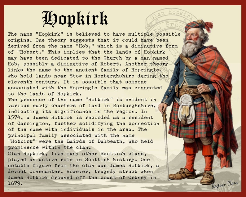 Peut inclure: Une illustration vintage d'un homme portant un kilt &eacute;cossais rouge et vert, une chemise blanche et une veste rouge. Il tient un b&acirc;ton dans sa main droite. L'illustration est intitul&eacute;e "Clan Hopkirk" et comprend du texte sur l'histoire du clan.