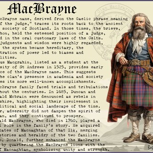 Puede incluir: Una ilustraci&oacute;n colorida de un hombre con un kilt escoc&eacute;s tradicional. El texto describe la historia del clan MacBrayne, que se remonta a la antigua sociedad celta de Escocia. La ilustraci&oacute;n incluye el lema del clan, "Bagtoun Clans".