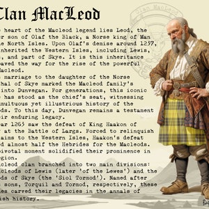 May include: A historical illustration of a man in a kilt, with a sword and a long white beard. The text reads "Clan MacLeod" and describes the history of the clan, including their origins, their marriage to the daughter of the Norse seneschal of Skye, and their role in the Battle of Largs.