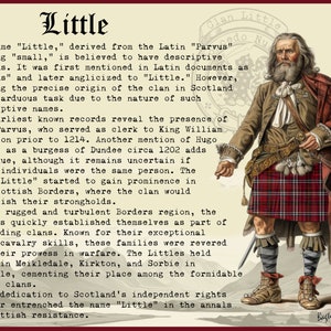 Peut inclure: Une illustration vintage d'un homme portant un kilt rouge et noir, avec une chemise blanche et une cravate blanche. L'illustration est entour&eacute;e de texte sur l'histoire du clan Little en &Eacute;cosse. Le texte mentionne les origines du clan, son r&ocirc;le dans les fronti&egrave;res &eacute;cossaises et son d&eacute;vouement &agrave; l'ind&eacute;pendance de l'&Eacute;cosse.