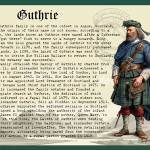 K&ouml;nnte beinhalten: Eine Vintage-Illustration eines Mannes in traditionellem schottischem Kilt, einer blauen Jacke und einem gr&uuml;nen Tam o' Shanter. Die Illustration ist von Text umgeben, der die Geschichte des Guthrie-Clans in Schottland beschreibt.