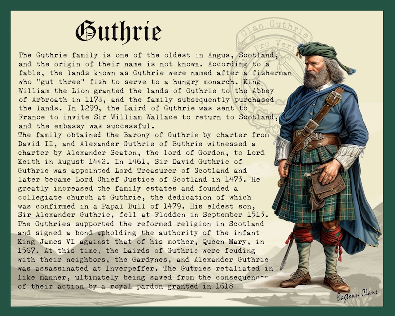 K&ouml;nnte beinhalten: Eine Vintage-Illustration eines Mannes in traditionellem schottischem Kilt, einer blauen Jacke und einem gr&uuml;nen Tam o' Shanter. Die Illustration ist von Text umgeben, der die Geschichte des Guthrie-Clans in Schottland beschreibt.