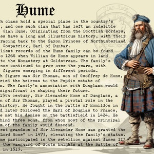 May include: An illustration of a man wearing a blue kilt and a blue hat with a white feather. He has a long white beard and is holding a sword. The text "Hume" is written in large, bold letters at the top of the image. The text below describes the history of the Hume clan in Scotland.