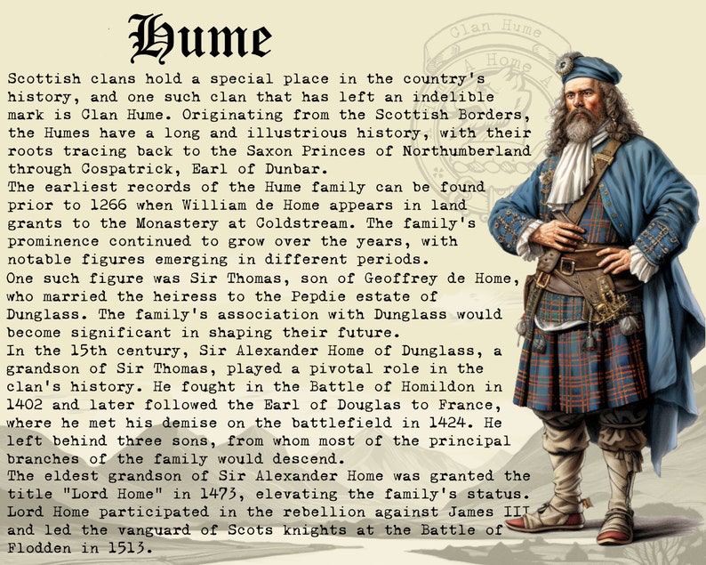 May include: An illustration of a man wearing a blue kilt and a blue hat with a white feather. He has a long white beard and is holding a sword. The text "Hume" is written in large, bold letters at the top of the image. The text below describes the history of the Hume clan in Scotland.