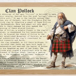 May include: A vintage-style illustration of a man wearing a kilt and a long beard. The text reads "Clan Pollock" and describes the history of the clan. The image is set against a background of mountains and a Scottish landscape.