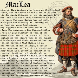 Pode incluir: Uma ilustra&ccedil;&atilde;o hist&oacute;rica de um homem vestindo um kilt escoc&ecirc;s tradicional e um chap&eacute;u com penas. O texto descreve as origens do Clan MacLea, um cl&atilde; escoc&ecirc;s, e sua hist&oacute;ria.