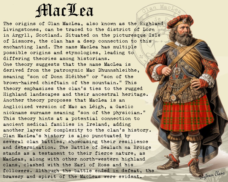 Pode incluir: Uma ilustra&ccedil;&atilde;o hist&oacute;rica de um homem vestindo um kilt escoc&ecirc;s tradicional e um chap&eacute;u com penas. O texto descreve as origens do Clan MacLea, um cl&atilde; escoc&ecirc;s, e sua hist&oacute;ria.