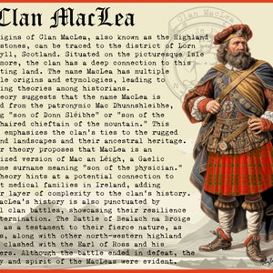 Pode incluir: Uma ilustra&ccedil;&atilde;o colorida de um homem com uma saia escocesa vermelha, uma camisa listrada vermelha e branca e um chap&eacute;u vermelho com uma pena branca. O texto "Clan MacLea" est&aacute; no topo da imagem. O texto "Je P" est&aacute; no canto superior direito da imagem. O texto "ytoun Clans" est&aacute; no canto inferior direito da imagem.